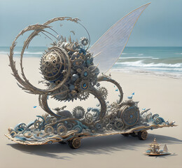 Canvas Print - Kinetic sculpture propelled by wind on beach, Generative AI Illustration