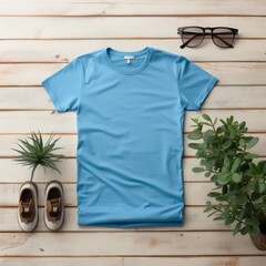 Wall Mural - Blue polo shirt mockup with a background top view 