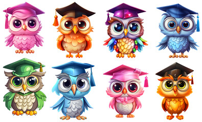 Wall Mural - set of students owls in colors on transparent isolated background, png, generated ai