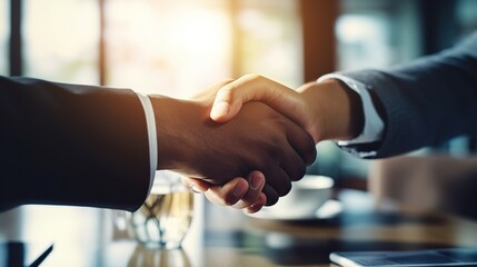 Poster - A professional handshake in a modern office setting