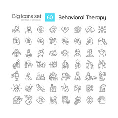 Wall Mural - 2D editable black big line icons set representing behavioral therapy, isolated vector, linear illustration.