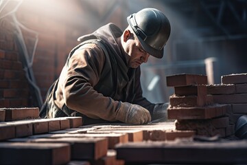 male bricklayer installing bricks on construction site