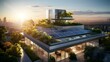 Modern contemporary luxurious white building in a urban city with sun solar panels on the roof for sustainable future, ai generative