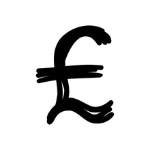 Symbol Pound Sterling GBP Currency Brush Stroke In Doodle Brush Hand Drawn Style Isolated On White Background. For Abc, Education, Logo, Branding, Font, Alphabet, Signboard, Lettering, Presentation.