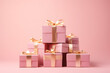 © Cadengo - pink gift boxes on a pink background, in the style of light pink and light gold, xmaspunk, traditional color scheme, modern, traditional
