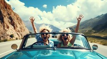 Two Blonde Girls In Car Driving In Summer