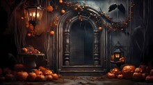 The Halloween Decorations, In The Style Of Evocative Textures, Rustic Textures, Carving, Light Orange And Light Maroon, Mysterious Backdrops, AI Generated.
