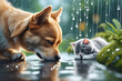 A dog and a cat are together on a rainy day. Generative AI