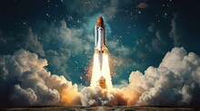 Vintage-style Rocket Launch With A Modern Twist, Set Against A Starry Backdrop | Generative AI
