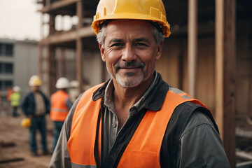 Man working on a construction site, construction hard hat and work vest, smirking. Image created using artificial intelligence.