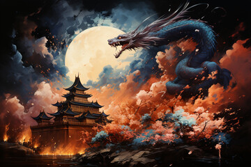 Poster - A New Year's dragon dances amidst a sky illuminated by a brilliant fireworks display, celebrating the transition to a new year in a burst of colors.  Generative AI technology...