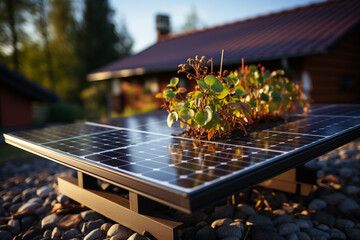 Poster - Close up of a new building with solar panels on the roof. Sustainable and clean energy at home.  Generative AI technology...