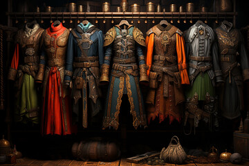 Poster - Costume Rack: A rack filled with elaborate costumes, giving a glimpse into the creativity behind character designs. Generative AI technology...