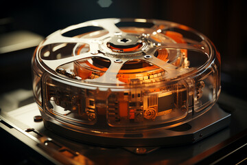 Poster - Film Canister: A close-up of an open film canister, revealing the celluloid film ready to be projected.  Generative AI technology...