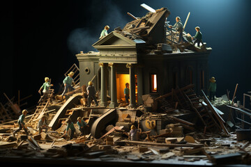 Fototapete - Bank collapse. A bank or financial institution, going down failing or collapsing Generative AI technology...