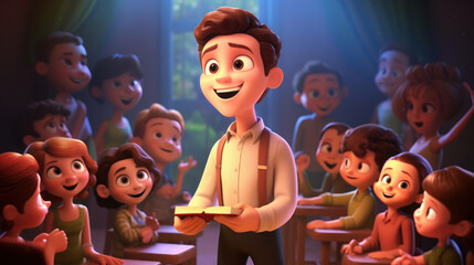 animation of the children cheerful and teacher in the classroom