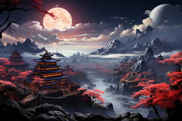 Poster - Chinese style Fantasy landscape illustration. Castle and islands floating in the sky  Generative AI technology...