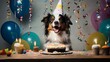 Happy dog at birthday party celebrating with birthday cake, balloons and candles