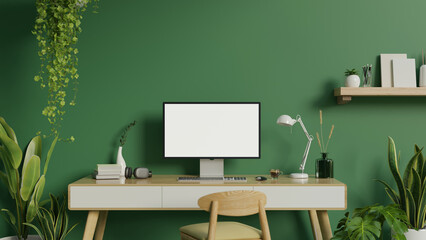 Sticker - modern green home office workspace with a computer on a desk, indoor tropical plants, a chair