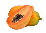 whole and half of ripe papaya fruit with seeds isolated, png