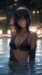 Sticker - beautiful mature anime woman age 35, short wet wavy black hair, in an infinity pool in private pool at night, wearing wet bikini swimsuit, all her body skin very drenched in wet water. generative AI