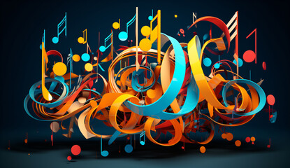Wall Mural - modern multicolor music background with abstract structure and musical notes, futuristic and surreal sound sculpture with curved shapes