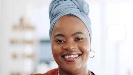 Wall Mural - Happy, smile and face of business woman in office standing with confidence and leadership. Happiness, excited and portrait of professional African female employee with positive mindset in workplace.