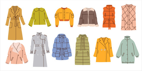 Set colorful different outerwear in flat style isolated on white background. Female clothes. Raincoat, down jacket, jacket, sheepskin coat, quilted vest, trench coat, bomber jacket with pockets.