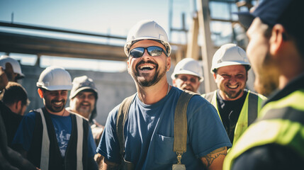 Wall Mural - A Happy's of a team of builders working at a construction site. Man smiling with white construction industry workers.