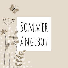 Sommerangebot - Schriftzug In Deutscher Sprache. Verkaufsbanner Mit Blumen Und Schmetterling In Sandtönen.