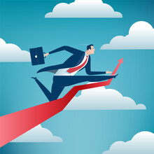 A Big Jump. Overcome The Limits. Vector Illustration Of A Manager Jumping Over A Rising Arrow On A Sky Background