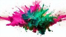 A Flourish Of Pink And Green Paint Splashes Ignites A Fantasy Explosion On A White Background, Enveloping Free Space In Creative Energy. Generative AI