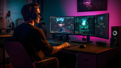 A multi monitor gaming setup with a high-performance gaming computer with RGB lighting, a gamer seated on an ergonomic chair and using a gaming mouse and keyboard, neural network generated image