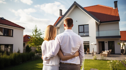 A  Back view of happy young couple standing in front of new modern house - husband and wife buying a new house.