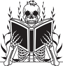 Skeleton Holding Book For Design Element. Vector Illustration. Editable Stroke Thickness.