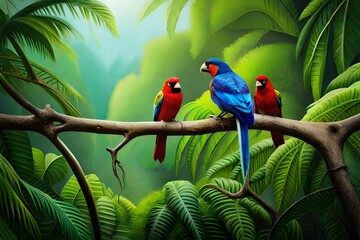 Wall Mural - Exotic birds perched on branches in the jungle. generate by AI tool