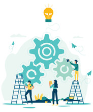 Flat Art Style Vector Of 3 People Working On An Idea With Gear Vectors
