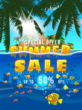 Summer Sale Poster Template. Exotic Underwater Life, Fishes, Seaweeds, Palms, Sun, Sky