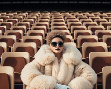 High End Fashion Model Sitting In A Monochromatic Stadium With Pink Seats Wearing Glasses And Luxury Black Orange Fur Jacket. 