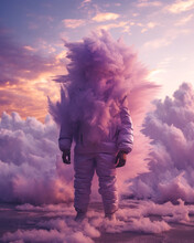 Futuristic Beautiful Portrait Of A Astronaut Cosmonaut In A Surreal Dreamy Cloud Punk Setting With A Huge Oversized Orange Blue Fur Jacket On The Pastel Sunset Beach. 