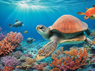  turtle with group of colorful fish and sea animals with colorful coral underwater in ocean