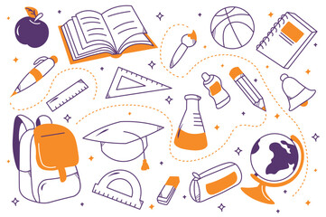 Wall Mural - Set back to school doodle in flat style. This flat design illustration embraces minimalism, showcasing a charming back-to-school theme with orange and violet elements. Vector illustration.