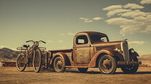 Retro Styled Image Of An Ancient Bike And Truck