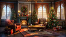 Christmas, New Year Interior With Red Brick Wall Background, Decorated Fir Tree With Garlands And Balls, Dark Drawer And Deer Figure