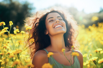 Beautiful young woman enjoying a sunny day . Generative AI.