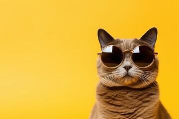 Closeup portrait of gray british furry cat in fashion sunglasses. Funny pet on bright yellow background. Kitten in eyeglass. Fashion, style, cool animal concept with copy space