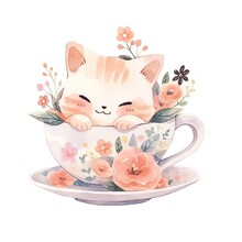 Cute Cartoon Kitten Sitting In A Tea Cup With Flowers. Funny Cat Character Design. Spring Concept. Valentine's Day Greeting Card. Watercolor Illustration Isolated On White Background