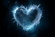 Blue Ice Heart Shape Clear With Ice Crystals And Icicle Black Background. The Concept Is Cold-hearted, Heartbroken, Unloved, Cold And Closed-hearted.