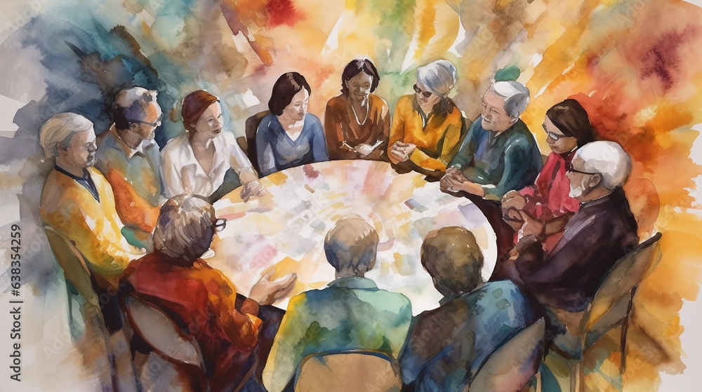 A Watercolor Painting of a Diverse Group of People Sitting in a Circle ...