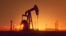 Crude Oil Pumpjack Rig On Desert Silhouette In Evening Sunset, Energy Industrial Machine For Petroleum Gas Production. Generative AI